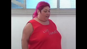 Fat whore in red rides cock of poor guy