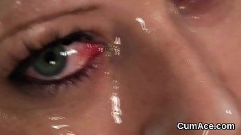 Horny idol gets sperm load on her face gulping all the jizz
