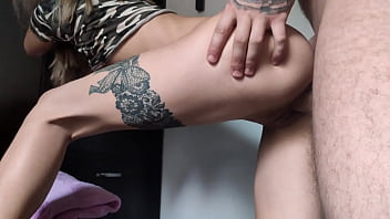 I fuck a skinny bitch in short denim shorts doggy style and cum on her stomach