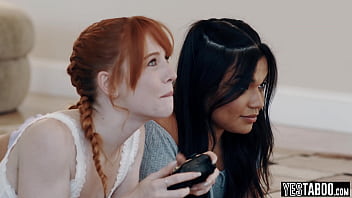 Horny stepdads rail their teen gamer stepdaughters anally with their big cocks