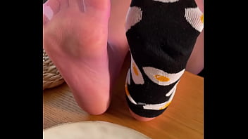 My so delicious nylon soles next to your plate with fried eggs