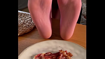 My so delicious nylon soles next to your plate with fried eggs