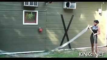 Female dom plays with ass bondman