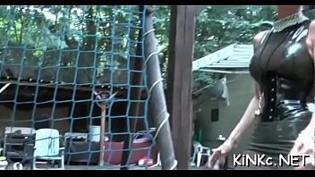 Female dom plays with ass bondman