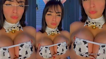 Hot girl from brazil in a cow costume cosplay facing a hot cum shower over her body