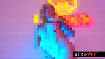 Gorgeous exotic dancer strips naked and rubs pussy on big cock