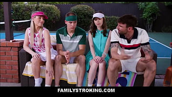 Familystroking cute teen step daughter's groupsex with both step dad's following their pickle ball match