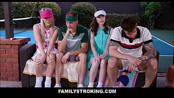Familystroking cute teen step daughter's groupsex with both step dad's following their pickle ball match