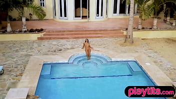 Petite asian cougar strips outdoors to flaunt her big round tits and bubble butt