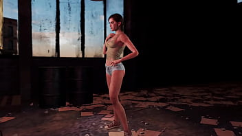 Young fit ellie posing alone in ripped clothe in destroyed factory