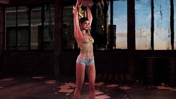 Young fit ellie posing alone in ripped clothe in destroyed factory