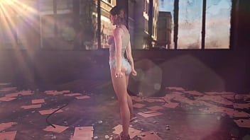 Young fit ellie posing alone in ripped clothe in destroyed factory
