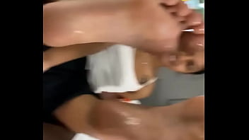 Hot babe ebony rubbing bbc with feet and toes neighbor