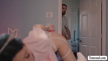 Pervert Dude Jerks Off His Dick While Watching His Shemale Stepsister Toying Her Assholeafter That He Enters The Room And Barebacks Her Ass thumbnail