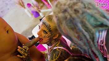 Tattooed trio in rough interracial orgy with bbc & white cock