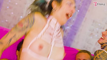 Tattooed trio in rough interracial orgy with bbc & white cock