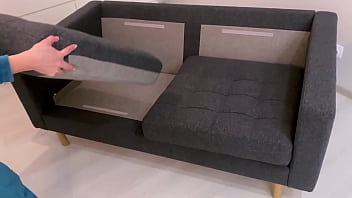 Hot brunette with big ass in sexy panties sucks cock and fucks guy on new sofa right after unpacking and setting up