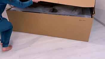 Hot brunette with big ass in sexy panties sucks cock and fucks guy on new sofa right after unpacking and setting up