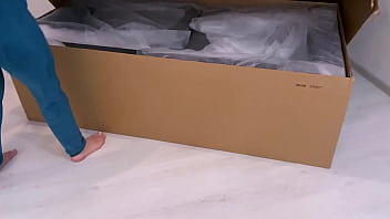 Hot brunette with big ass in sexy panties sucks cock and fucks guy on new sofa right after unpacking and setting up