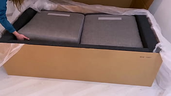 Hot brunette with big ass in sexy panties sucks cock and fucks guy on new sofa right after unpacking and setting up