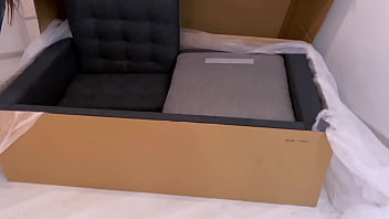 Hot brunette with big ass in sexy panties sucks cock and fucks guy on new sofa right after unpacking and setting up