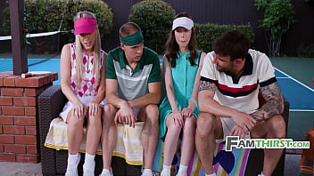 Bunny madison and krystal palmer ride alex legend and tony sting during on the family pickleball court