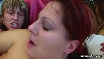 Bbw milf vendy in black boots sucks and jerks big cock to blond guy on a leash denis reed then he sucks her big tits and fucks her plump pussy