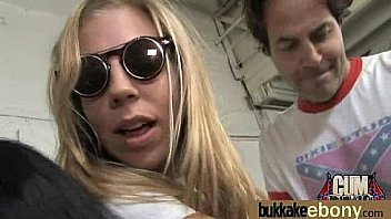 Ebony babe sucks group of white guys 6