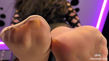 Goddess messy her nylon feet in chocolate close up and squeezing strawberries