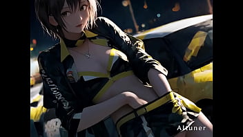 Under pit lane lights she bends to the night—his grip sets the only lap that matters