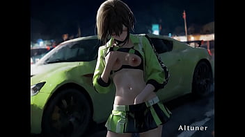 Under pit lane lights she bends to the night—his grip sets the only lap that matters