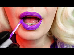 Play MP4 - ASMR purple lipstick process video - slowly close up of make up - sexy lips with steel braces